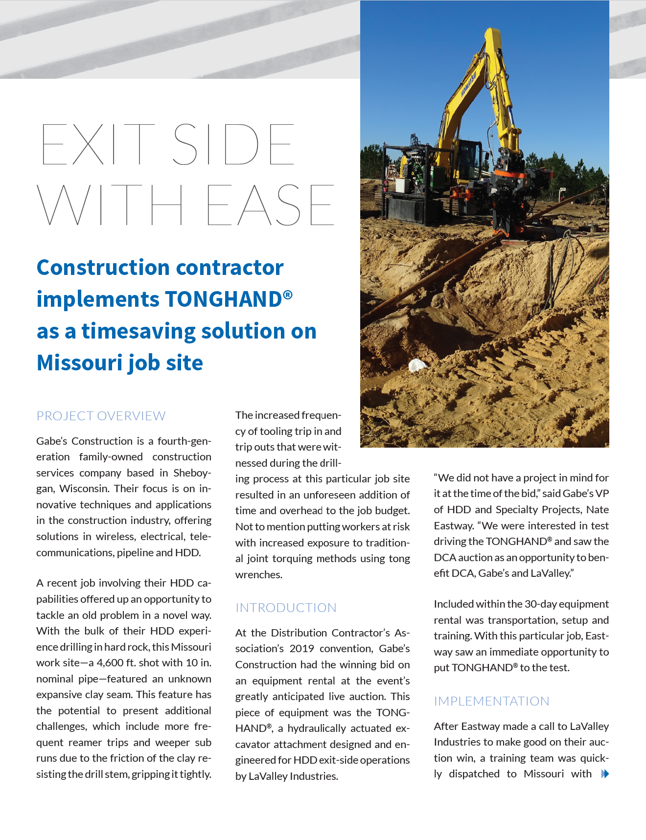 Case study cover image. Case study covers TONGHAND® exit-side wrench performance with Gabe's Construction, an HDD contractor.