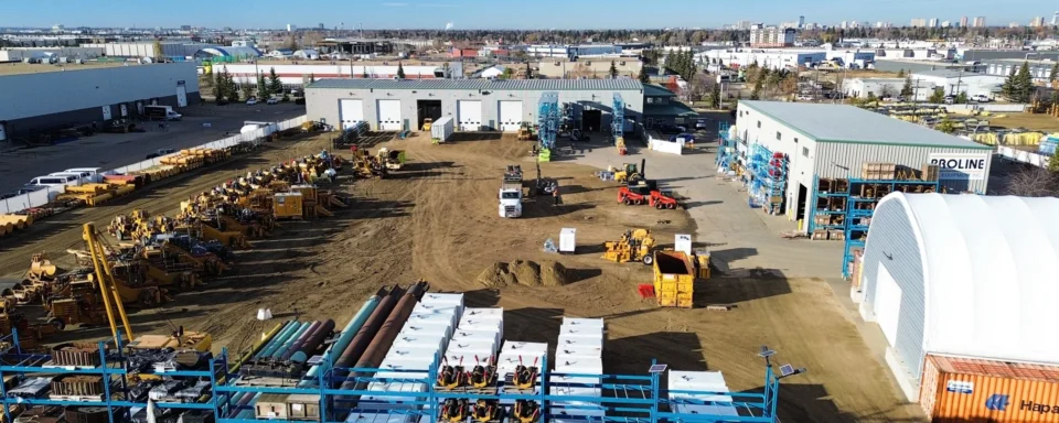 An aerial view of the equipment yard at Proline Pipe Equipment in Edmonton, Alberta.