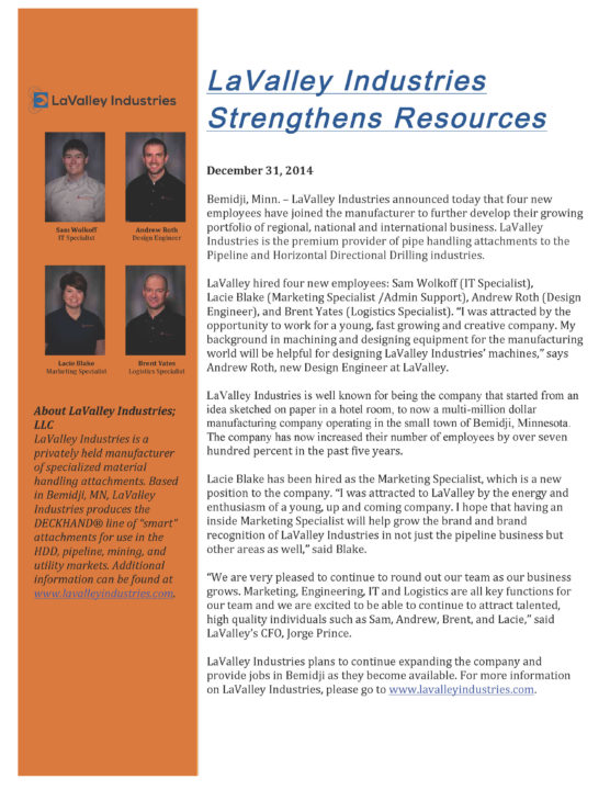 Press Release: LaValley Industries Strengthens Resources