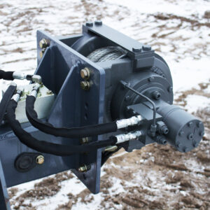 Utility Winch is seen attached to the main beam of a DECKHAND®5HP with Utility Arms.